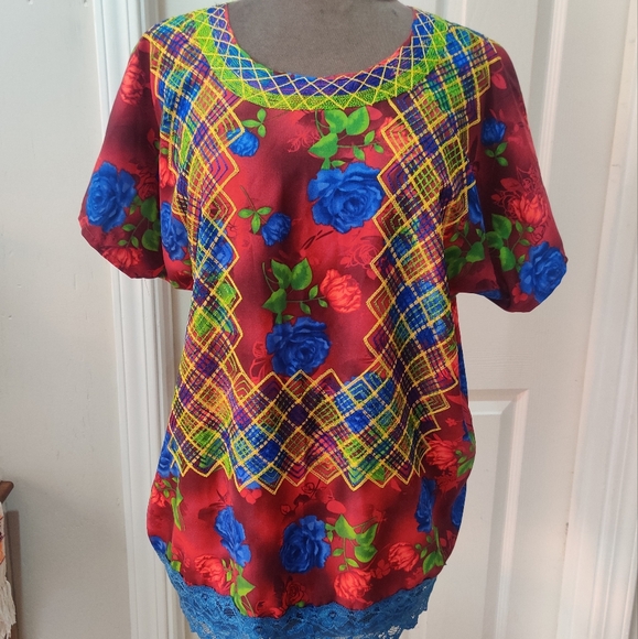 Oaxaca Tehuana embroidere Satin huipil blouse XL - Picture 3 of 9